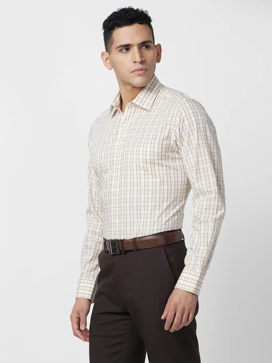 Raymond Men Yellow Checks Regular Fit Cotton Shirt - Image 3