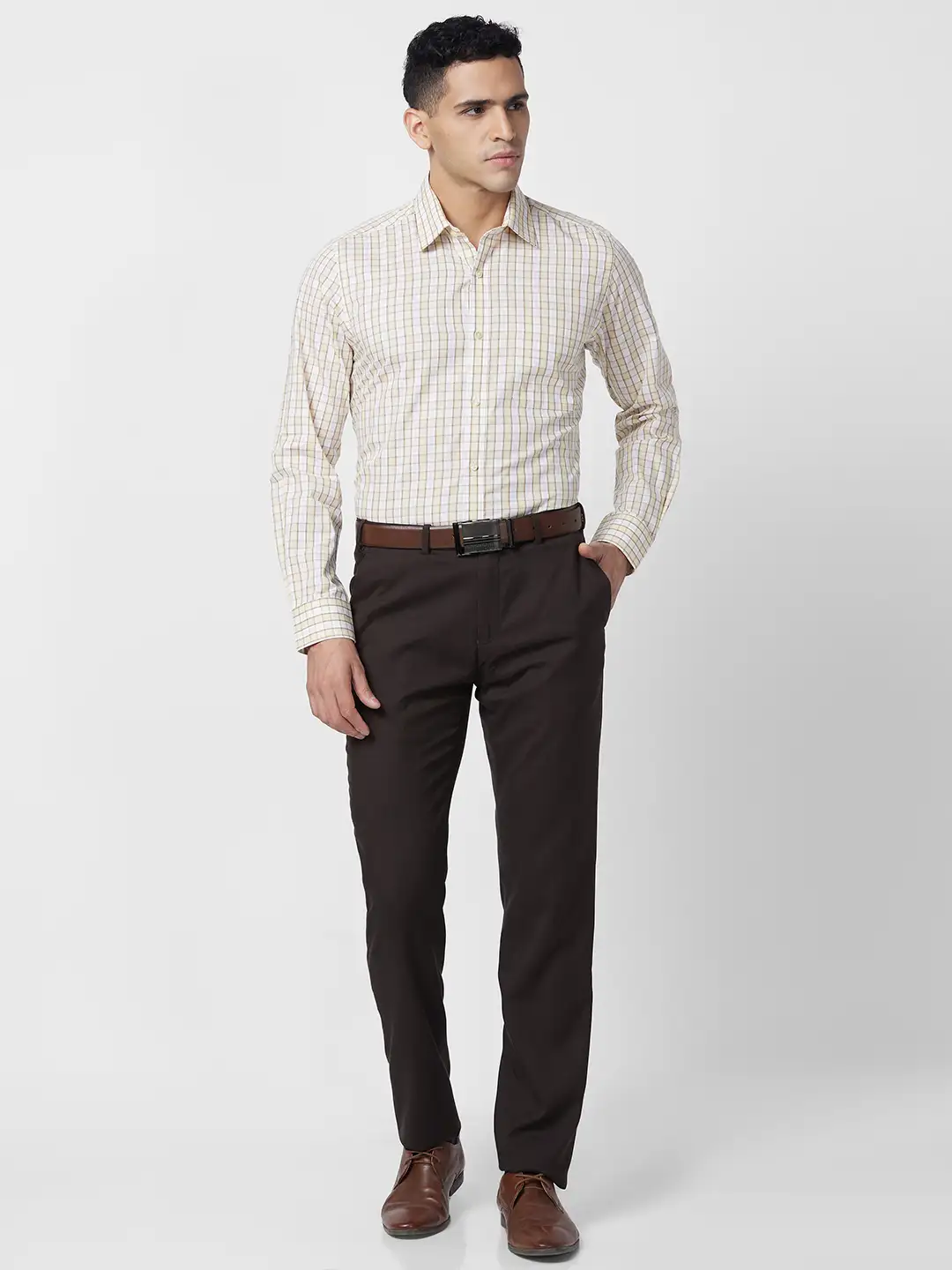 Raymond Men Yellow Checks Regular Fit Cotton Shirt - Image 5