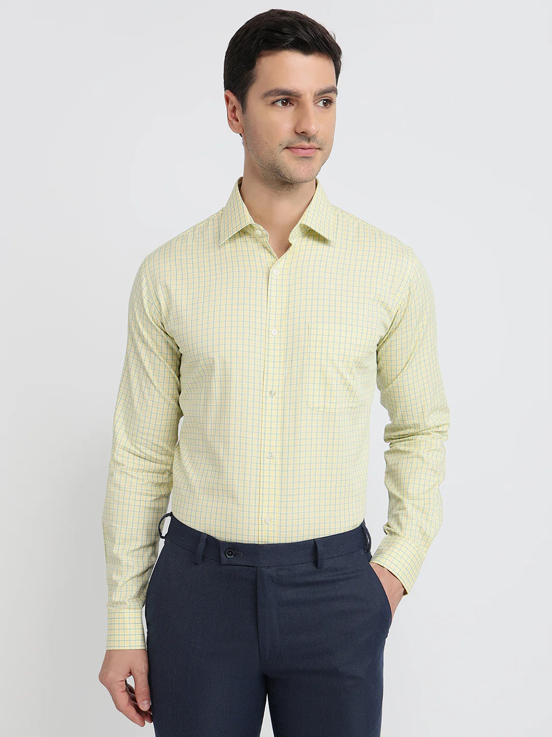 Raymond Men Yellow Checks Slim Fit Cotton Shirt