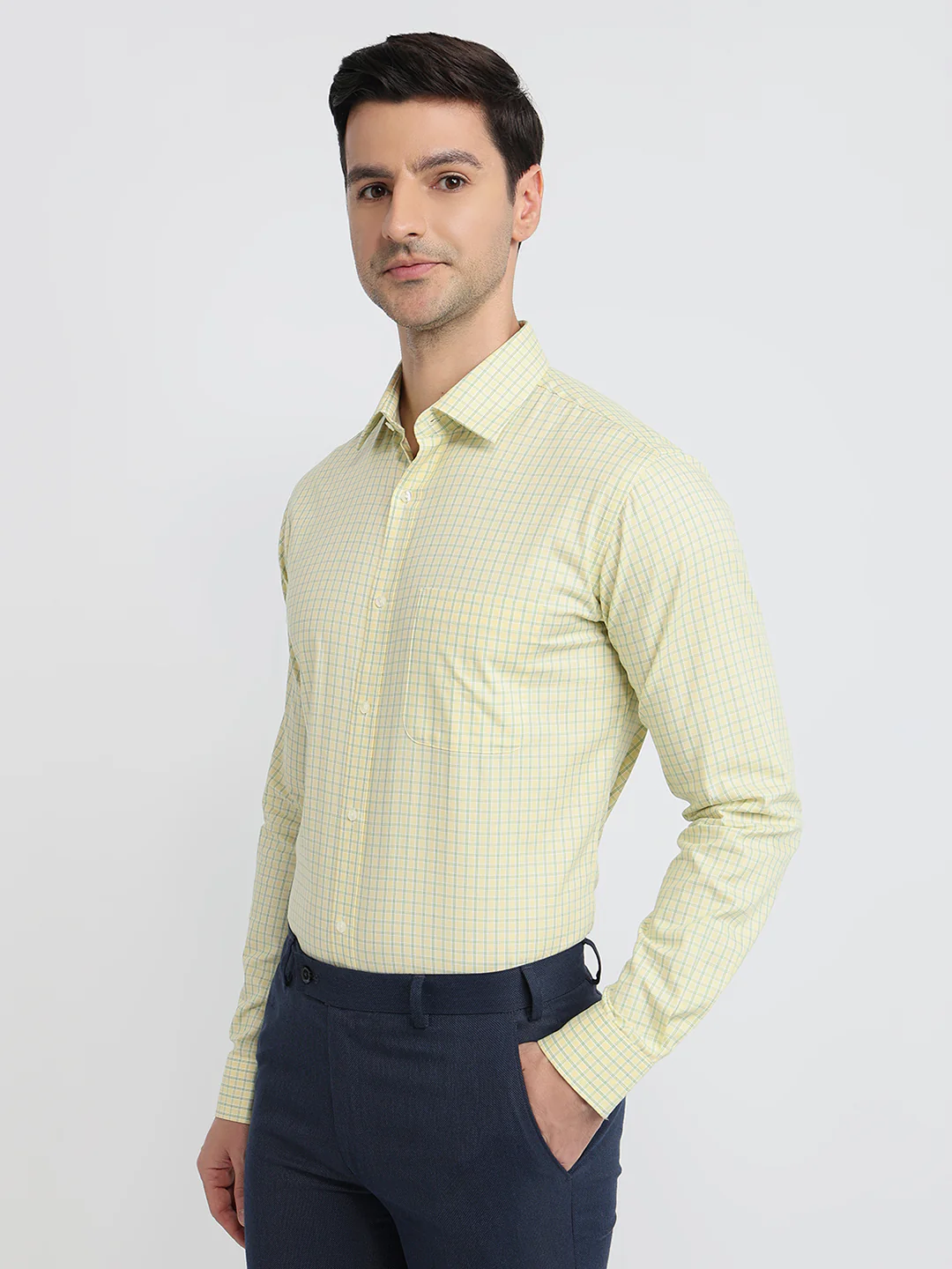 Raymond Men Yellow Checks Slim Fit Cotton Shirt - Image 2
