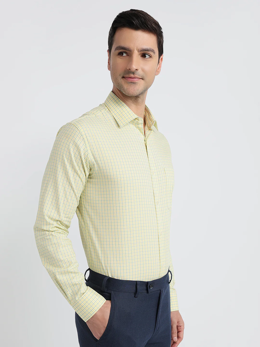 Raymond Men Yellow Checks Slim Fit Cotton Shirt - Image 3