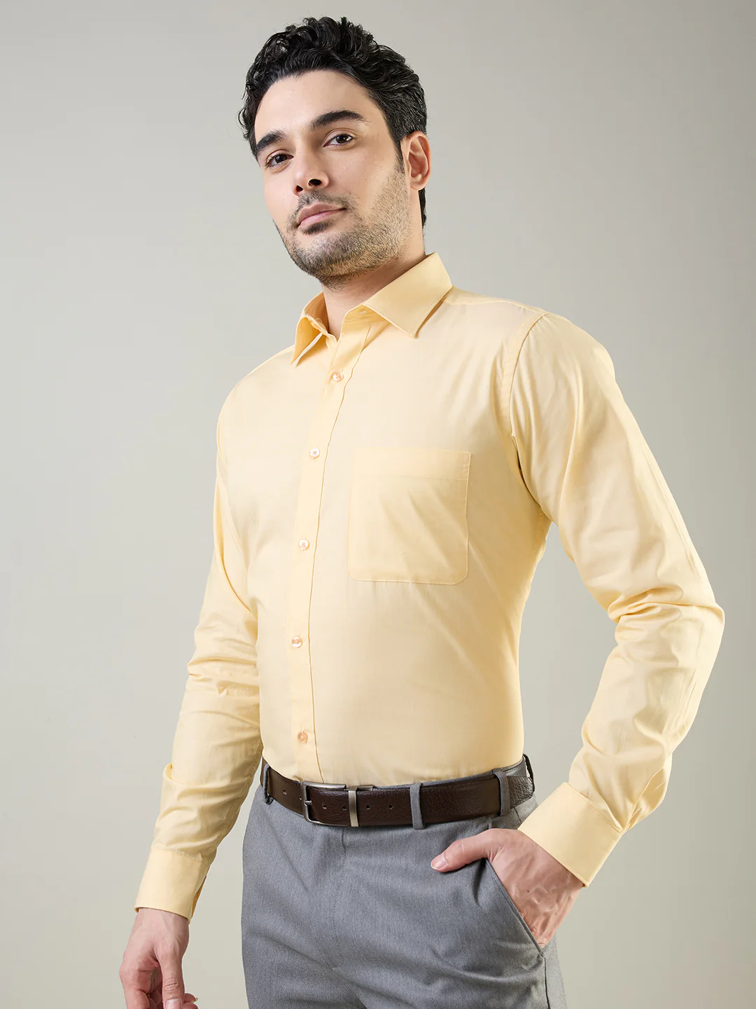 Raymond Men Yellow Fil-A-Fil Slim Fit Cotton Shirt - Image 3