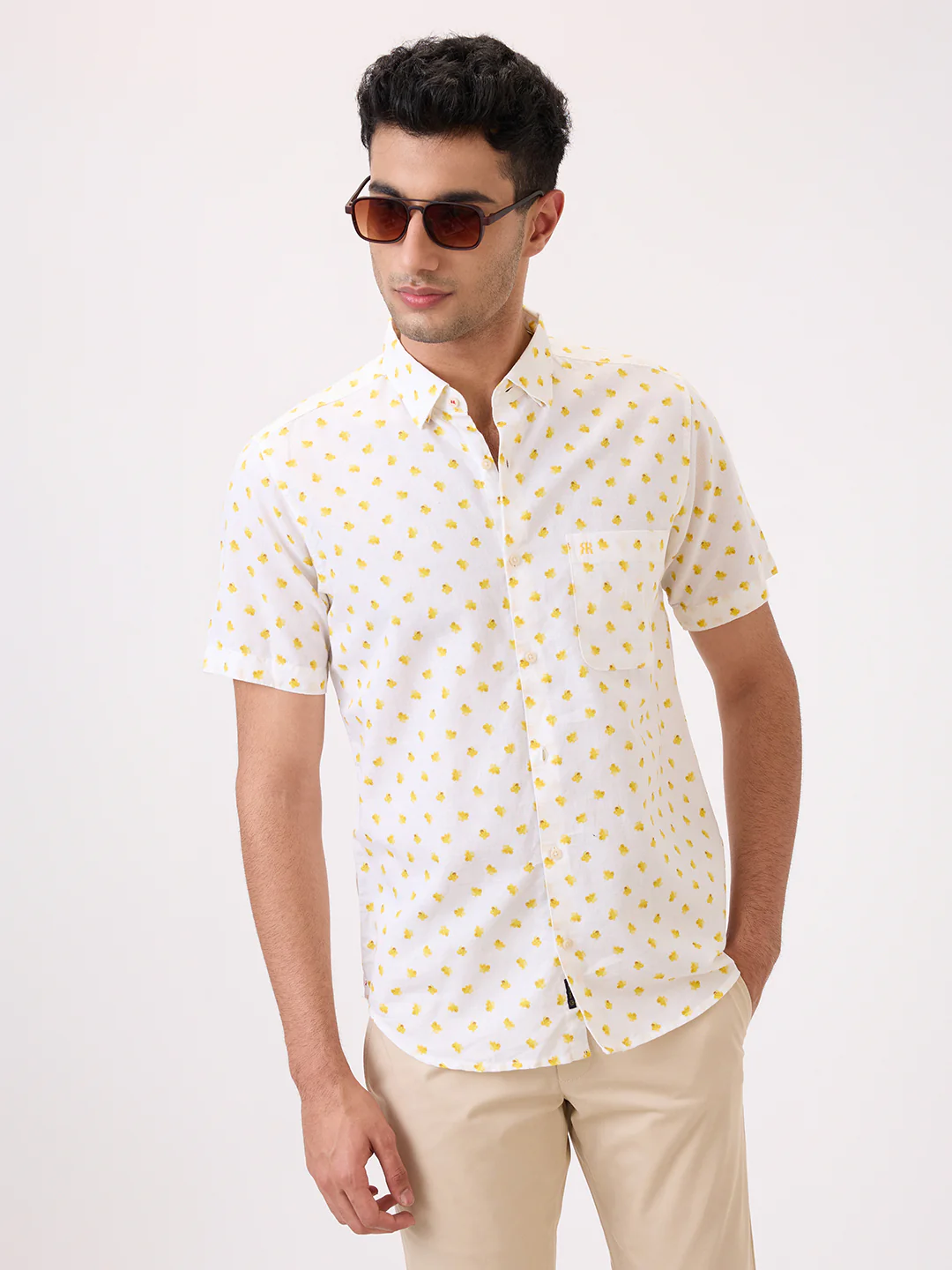 Raymond Men Yellow Print Regular Fit Cotton Blend Casual Shirt