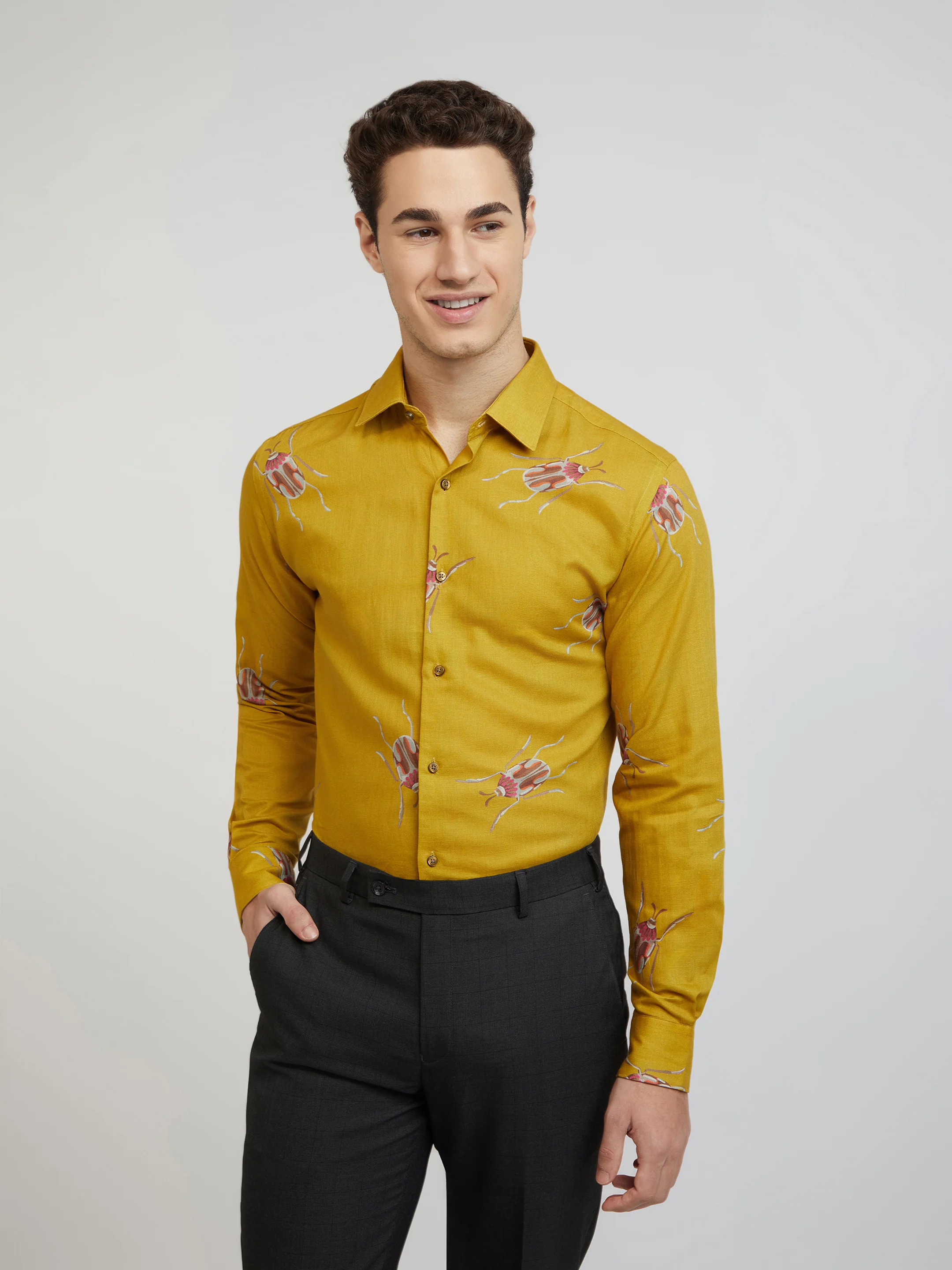 Raymond Men Yellow Print Regular Fit Cotton Blend Shirt
