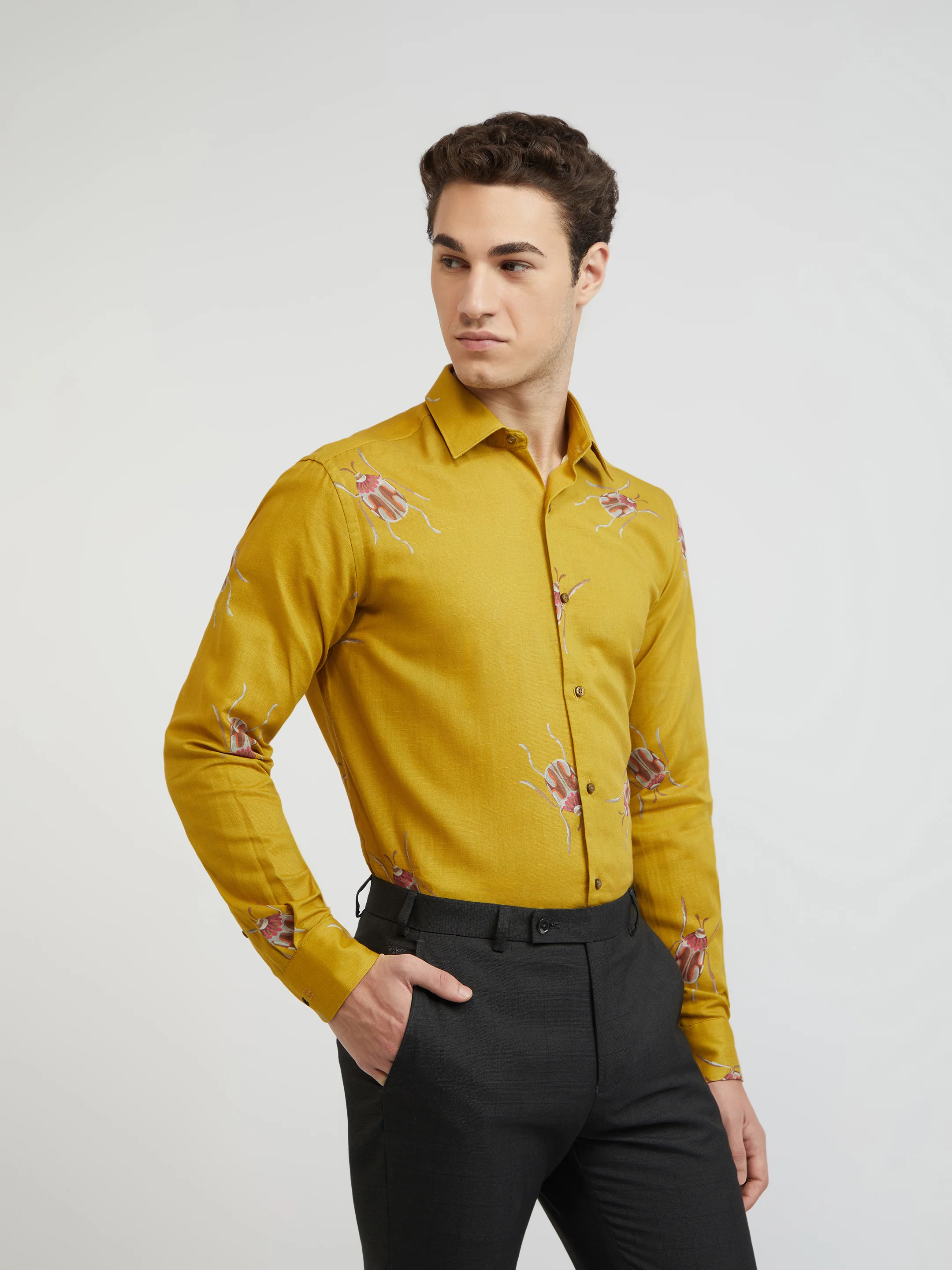 Raymond Men Yellow Print Regular Fit Cotton Blend Shirt - Image 4