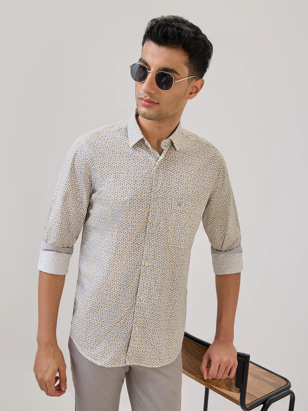 Raymond Men Yellow Print Regular Fit Cotton Casual Shirt