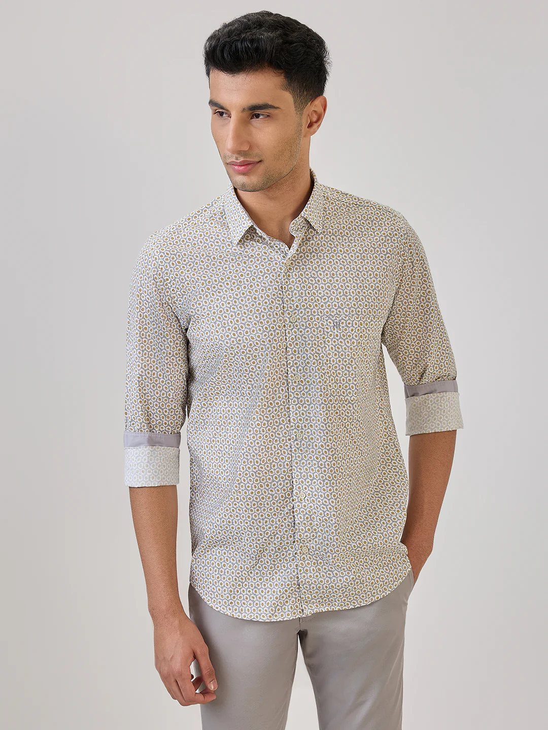 Raymond Men Yellow Print Regular Fit Cotton Casual Shirt - Image 2