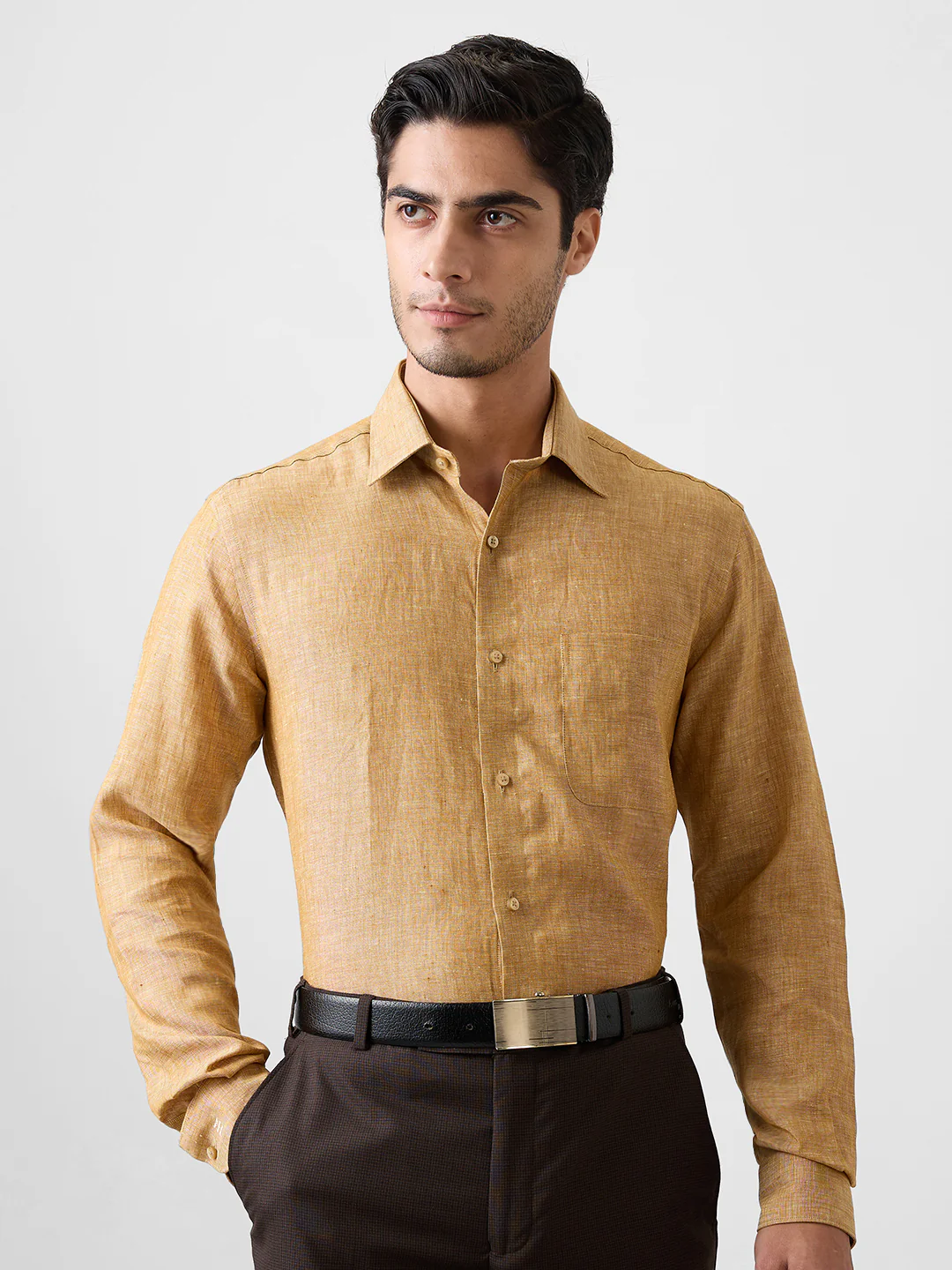 Raymond Men Yellow Printed Contemporary Fit Linen Shirt