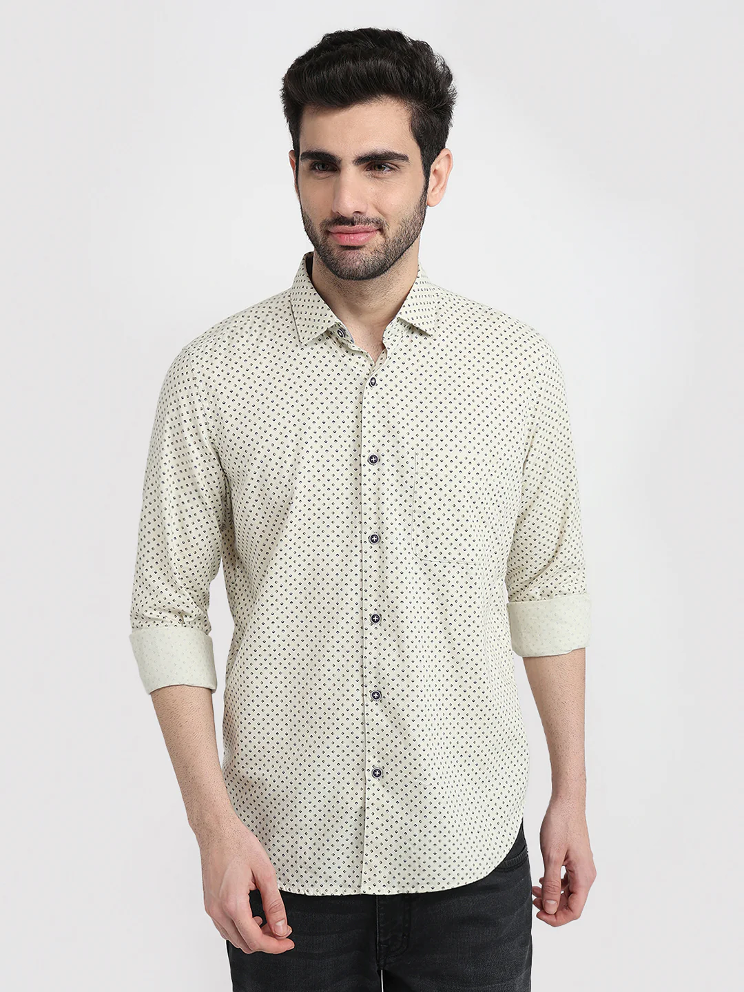 Raymond Men Yellow Printed Regular Fit Cotton Full Sleeve Regular Collar Casual Shirt