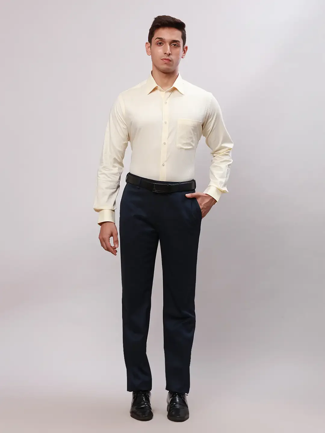 Raymond Men Yellow Slim Fit Self Design Cotton Full Sleeve Cut Away Shirt - Image 5