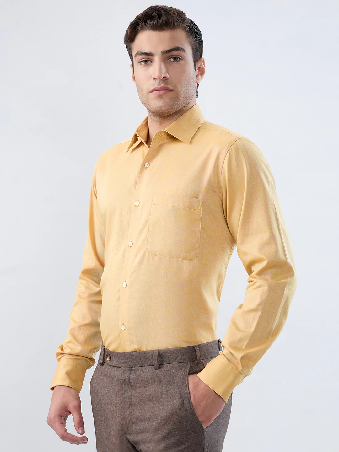 Raymond Men Yellow Solid Regular Fit Cotton Shirt - Image 3
