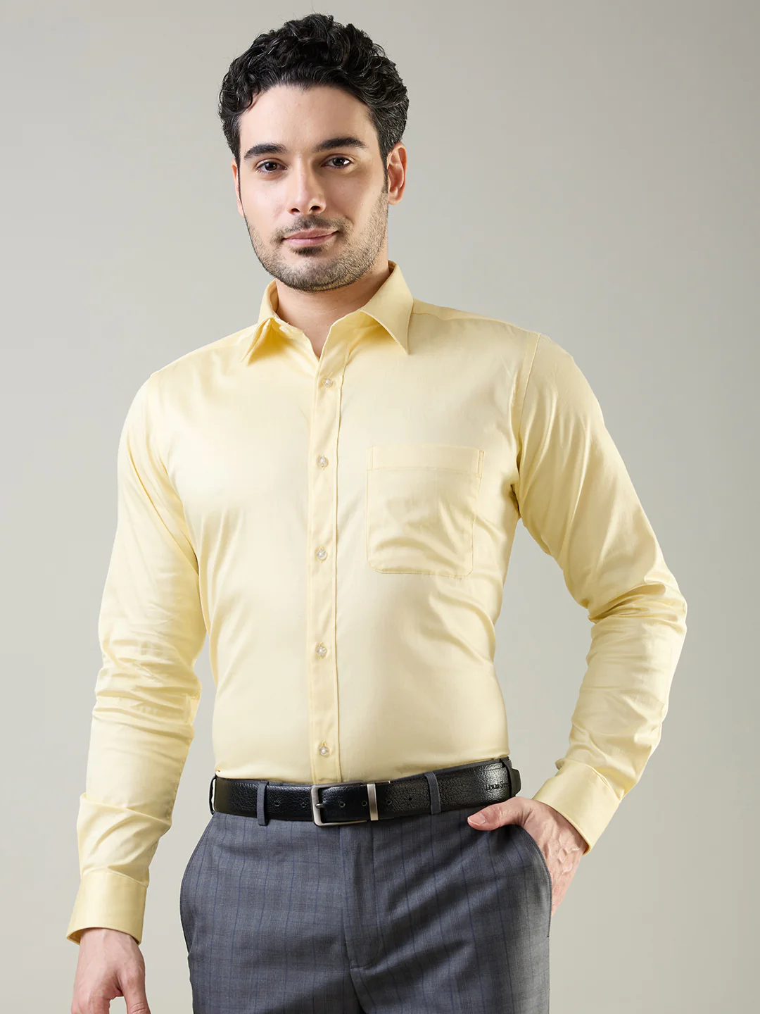 Raymond Men Yellow Solid Slim Fit Cotton Blend Formal Shirt