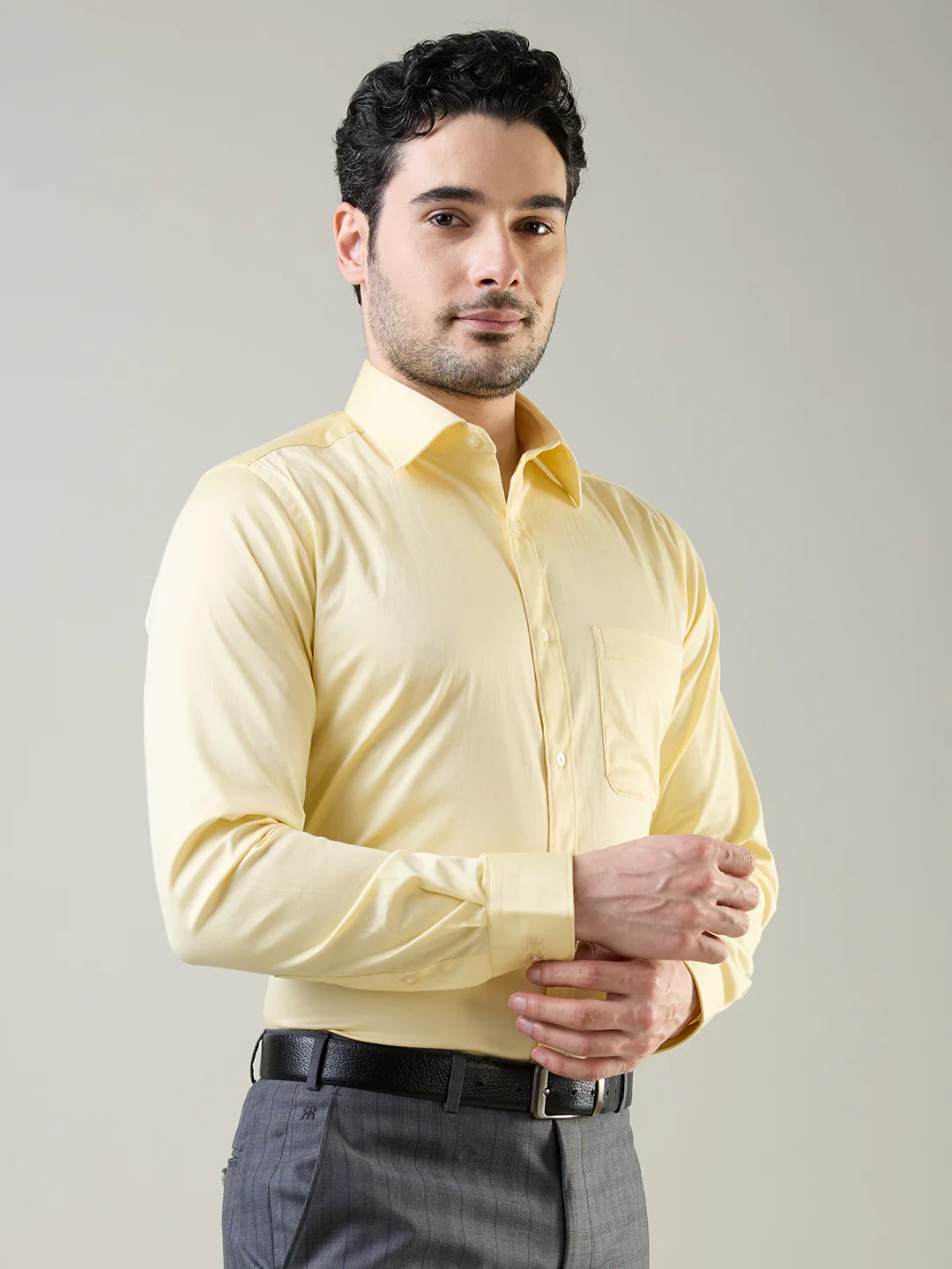Raymond Men Yellow Solid Slim Fit Cotton Blend Formal Shirt - Image 2