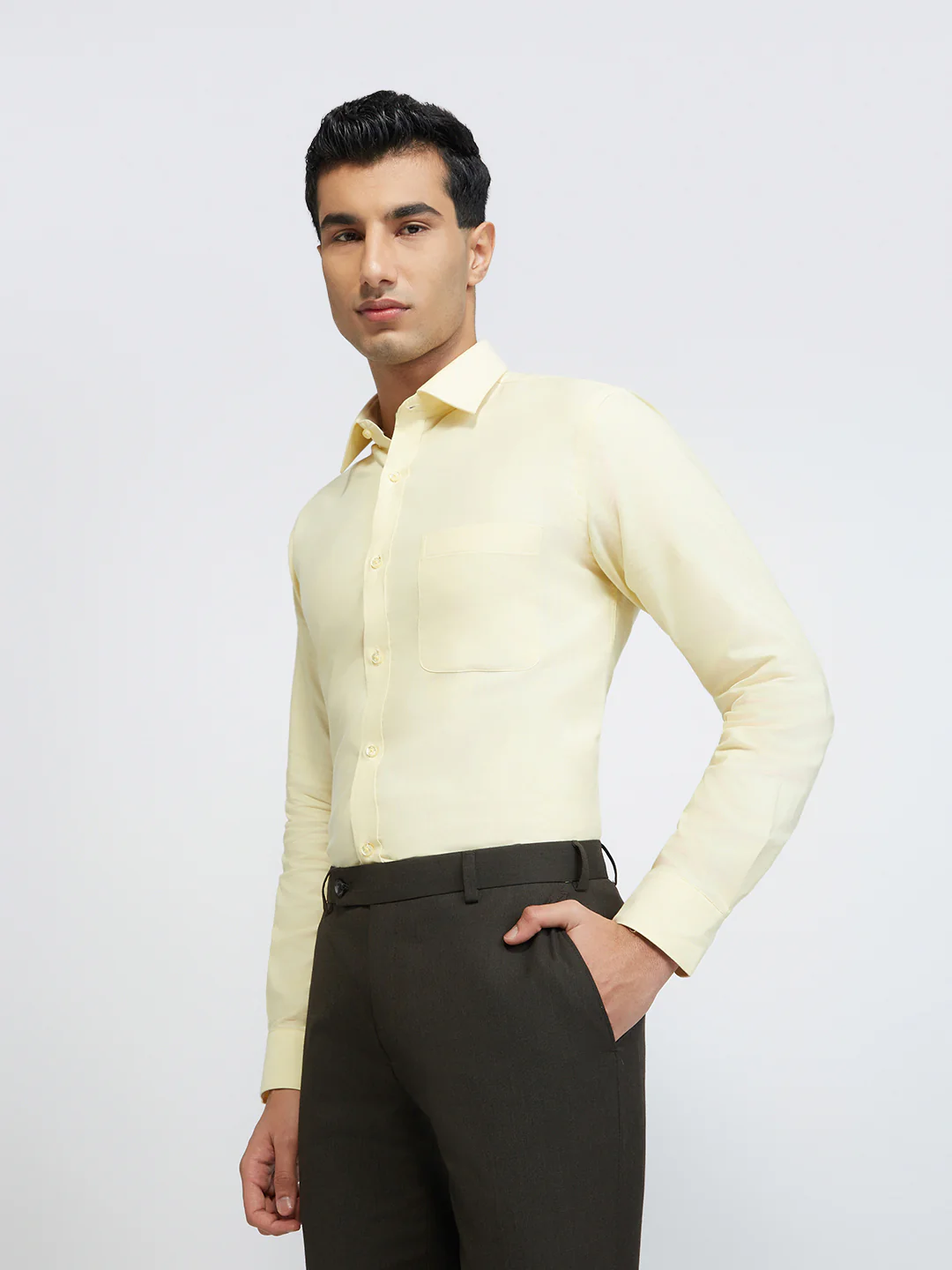 Raymond Men Yellow Solid Slim Fit Cotton Shirt - Image 3