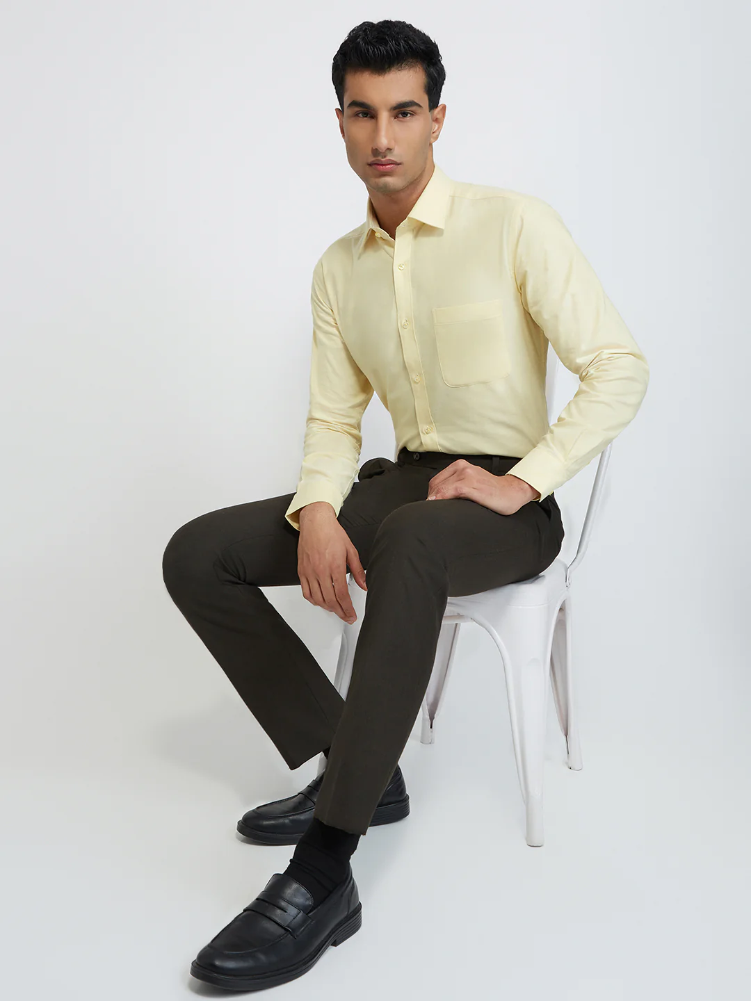 Raymond Men Yellow Solid Slim Fit Cotton Shirt - Image 5