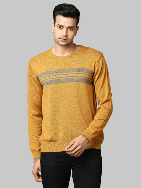 Raymond Men Yellow Stripe Acrylic Blend Sweater