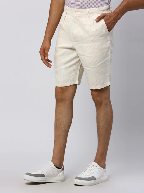 Raymond Men Yellow Stripe Slim Fit Linen Shorts - Image 3