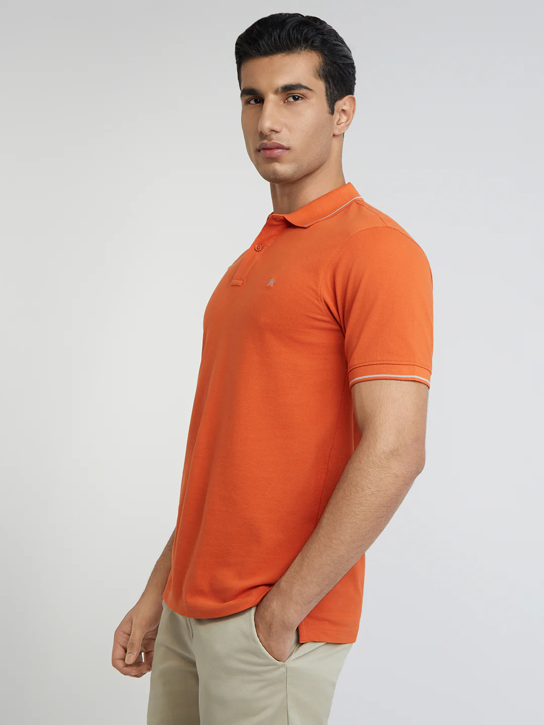 Raymond Orange Solid Modern Fit Half Sleeve Cotton T-Shirt - Image 3