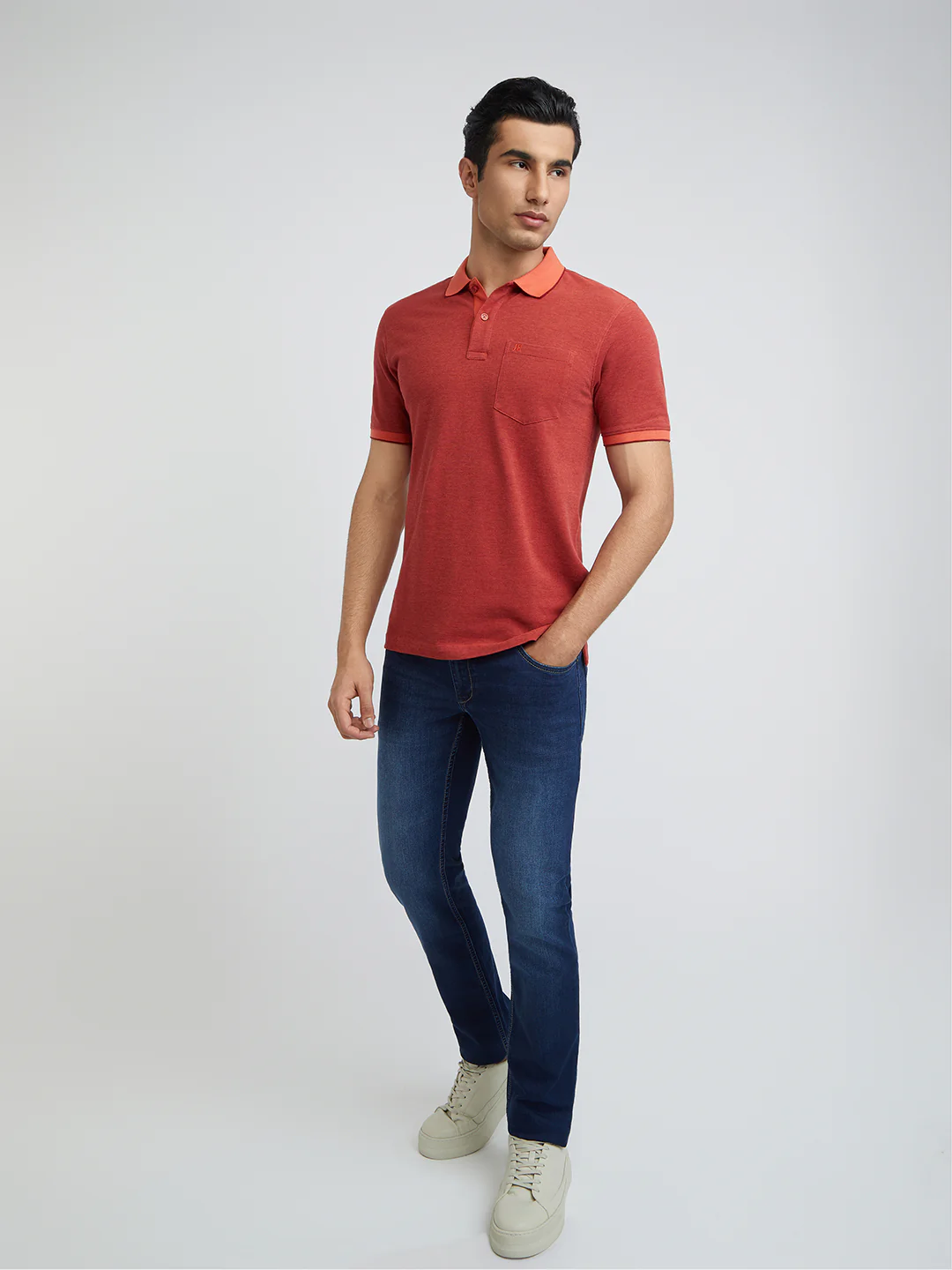 Raymond Orange Solid Modern Fit Half Sleeve Cotton T-Shirt - Image 5