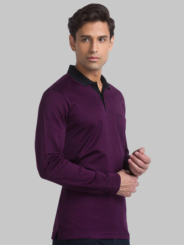 Raymond Purple Jacquard Contemporary Fit Full Sleeve Cotton T-Shirt - Image 2