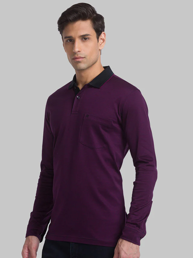 Raymond Purple Jacquard Contemporary Fit Full Sleeve Cotton T-Shirt - Image 3