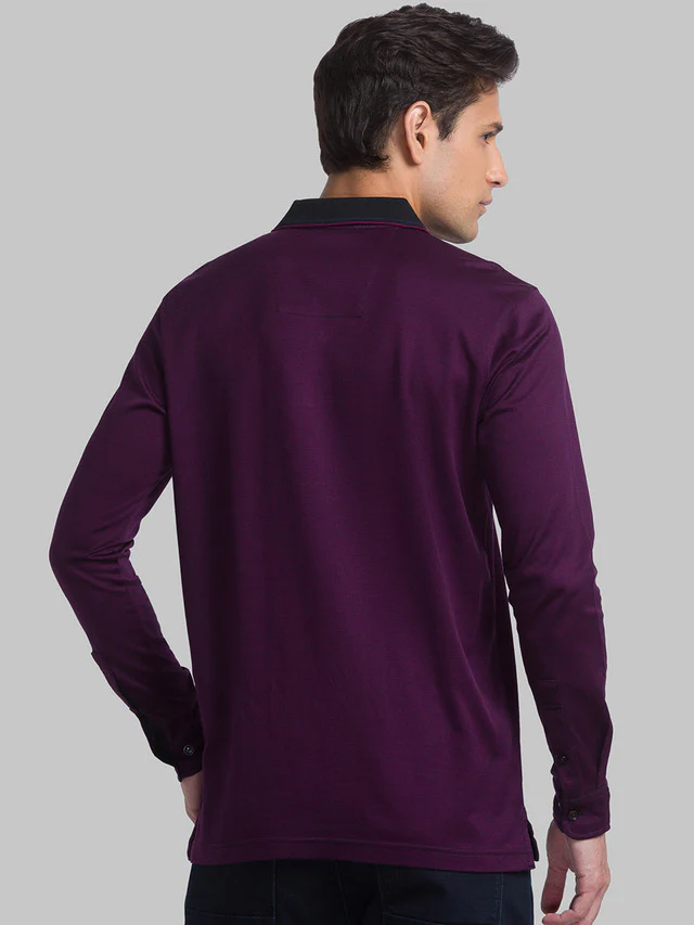 Raymond Purple Jacquard Contemporary Fit Full Sleeve Cotton T-Shirt - Image 4