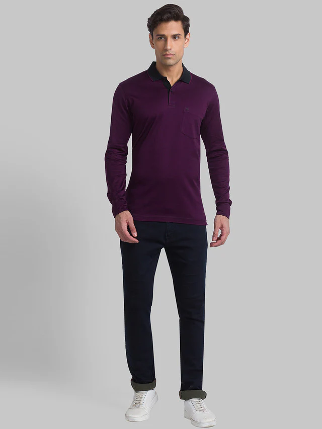 Raymond Purple Jacquard Contemporary Fit Full Sleeve Cotton T-Shirt - Image 5