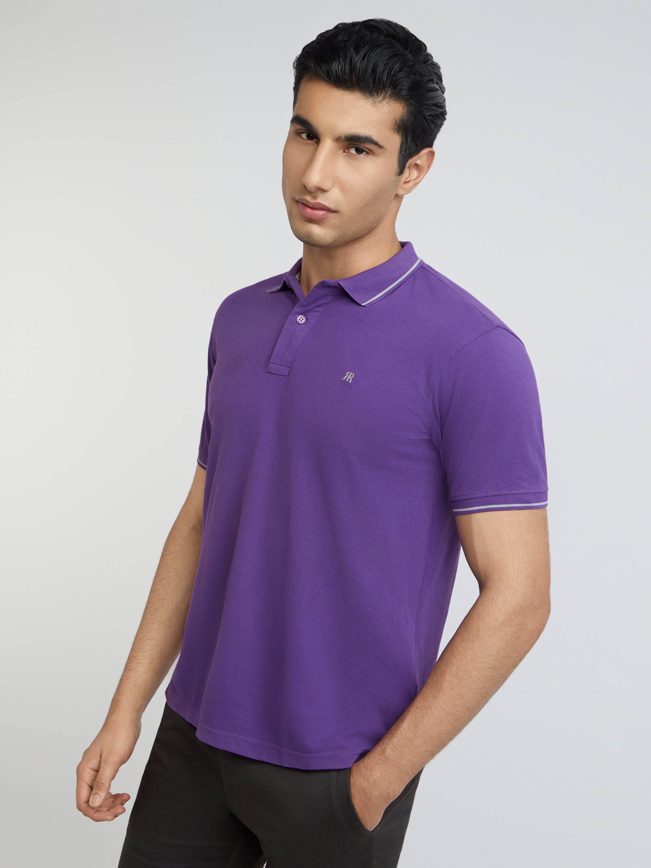 Raymond Purple Solid Contemporary Fit Half Sleeve Cotton T-Shirt - Image 3