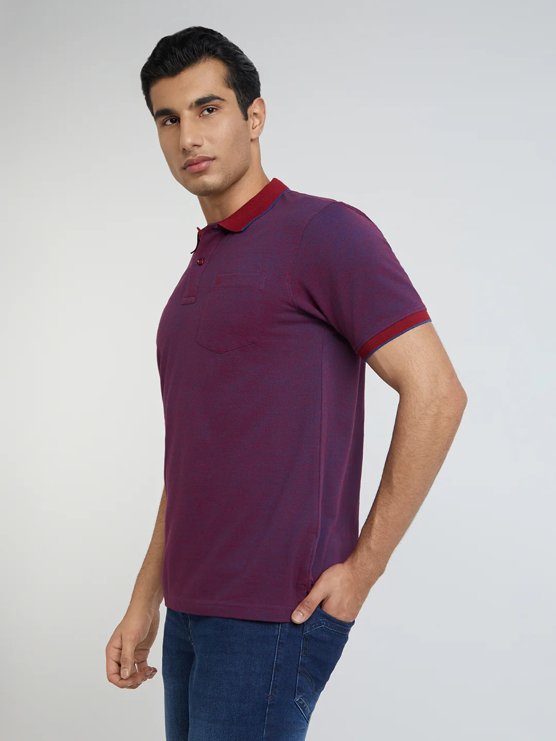 Raymond Purple Solid Modern Fit Half Sleeve Cotton T-Shirt - Image 2