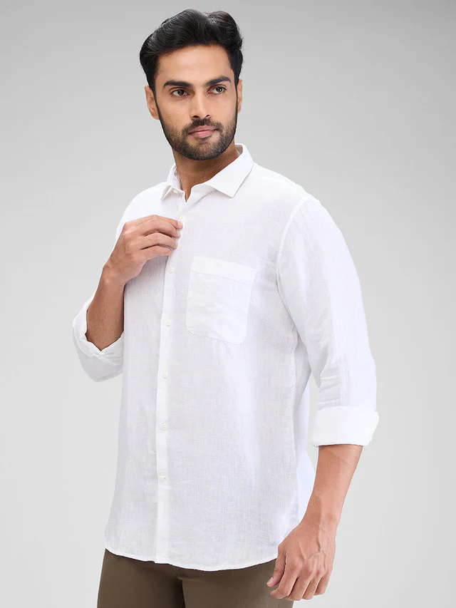 Raymond White Solid Contemporary Fit Linen Casual Shirt - Image 3