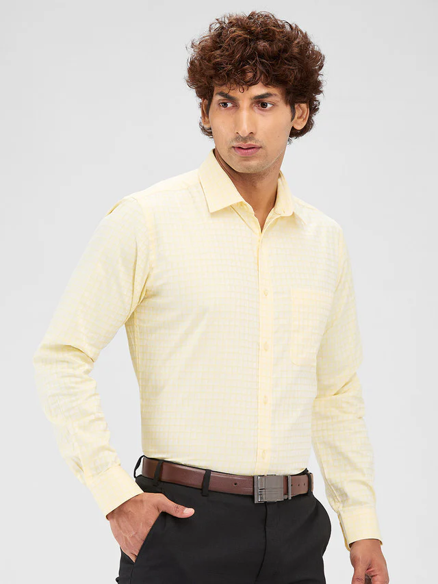 Raymond Yellow Checks Slim Fit Cotton Formal Shirt - Image 2