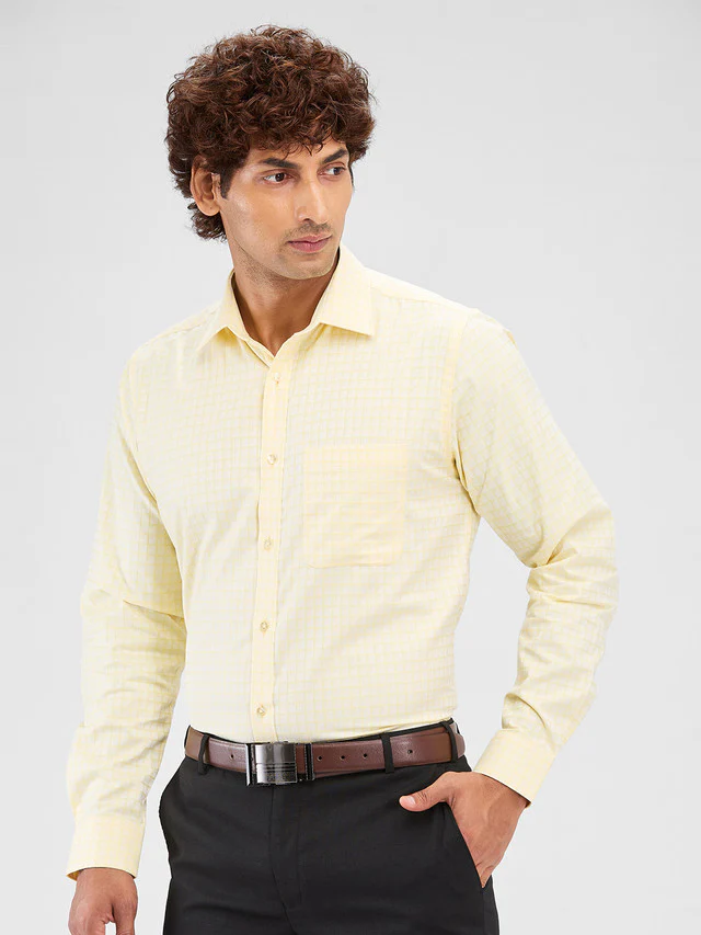Raymond Yellow Checks Slim Fit Cotton Formal Shirt - Image 3