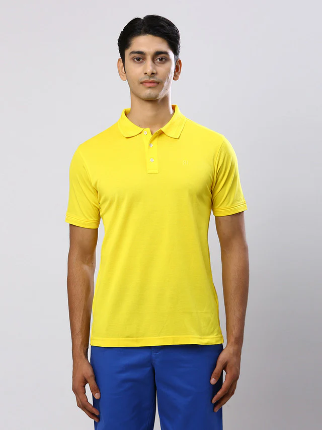 Raymond Yellow Solid Contemporary Fit Half Sleeve Cotton T-Shirt