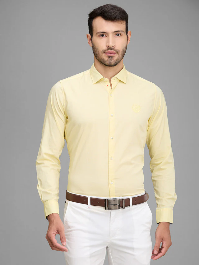Raymond Yellow Solid Regular Fit Cotton Casual Shirt