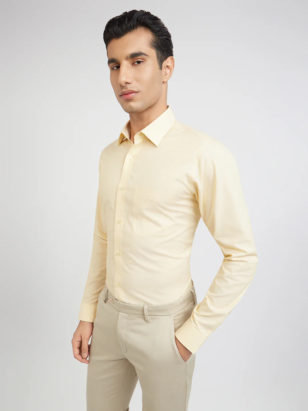 Raymond Yellow Solid Slim Fit Full Sleeve Cotton Shirt - Image 2