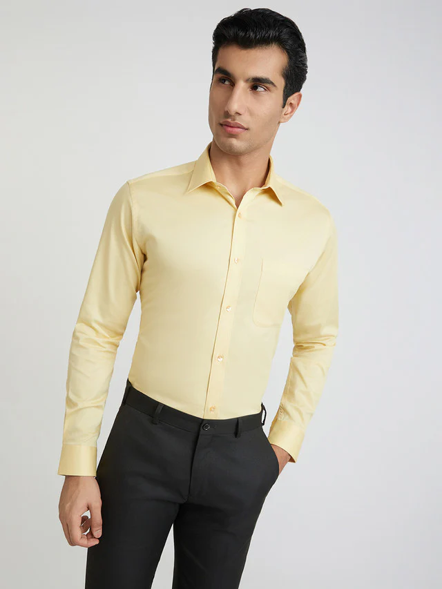 Raymond Yellow Solid Slim Fit Full Sleeve Cotton Shirt