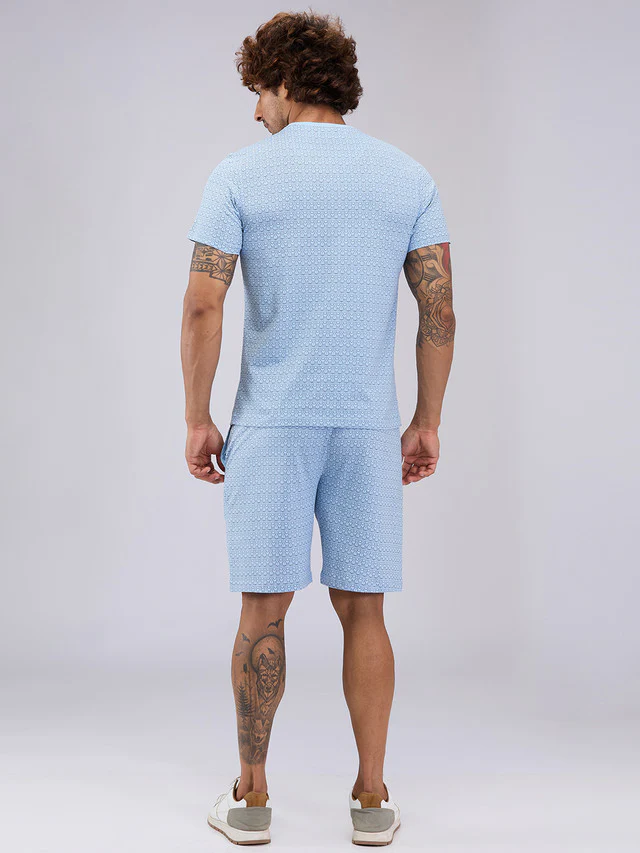 Sleepz Men Blue Print Cotton T-shirt with Short - Image 4