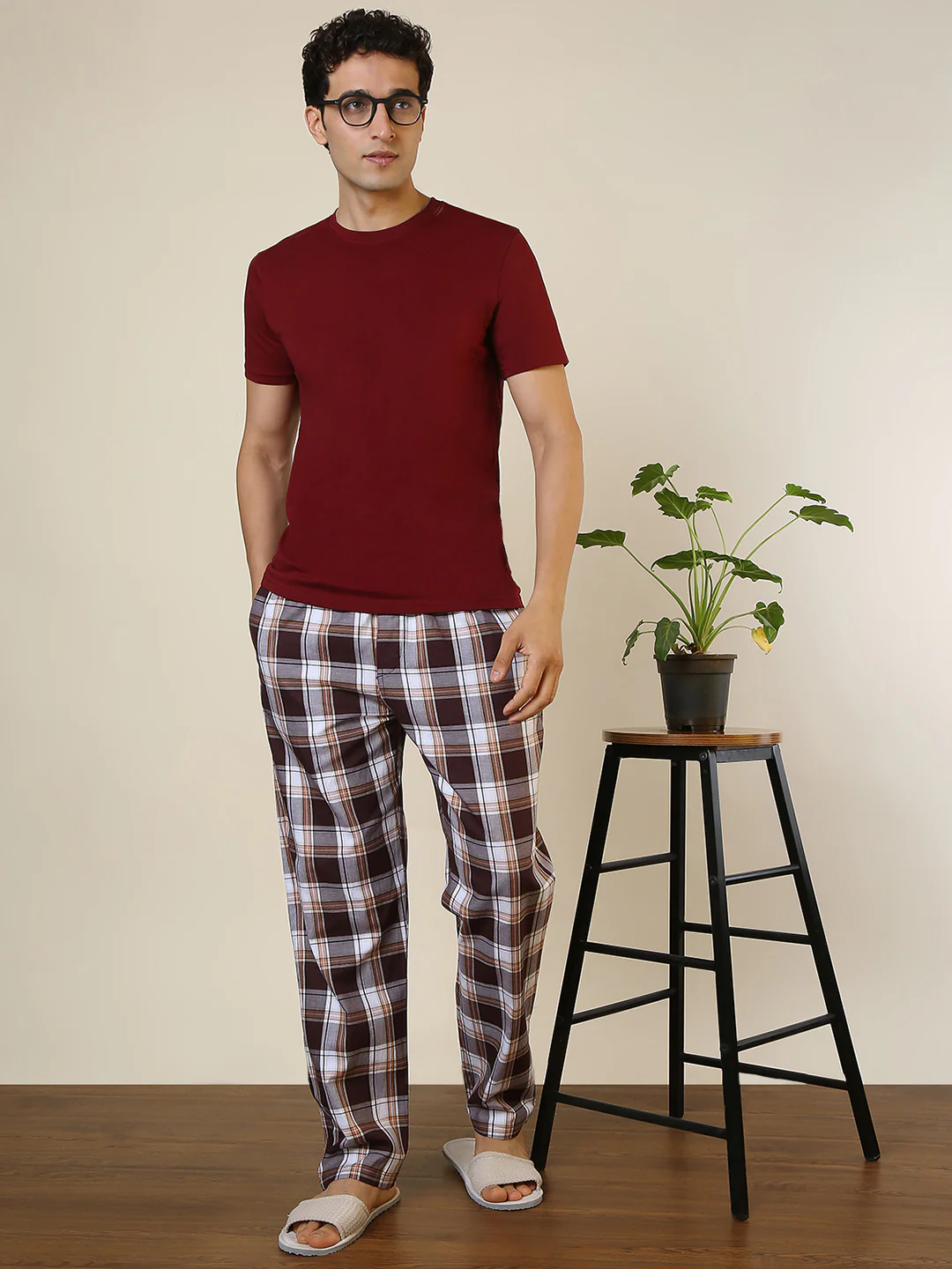 Sleepz Men Maroon Checks Regular Fit Cotton Pyjama - Image 5