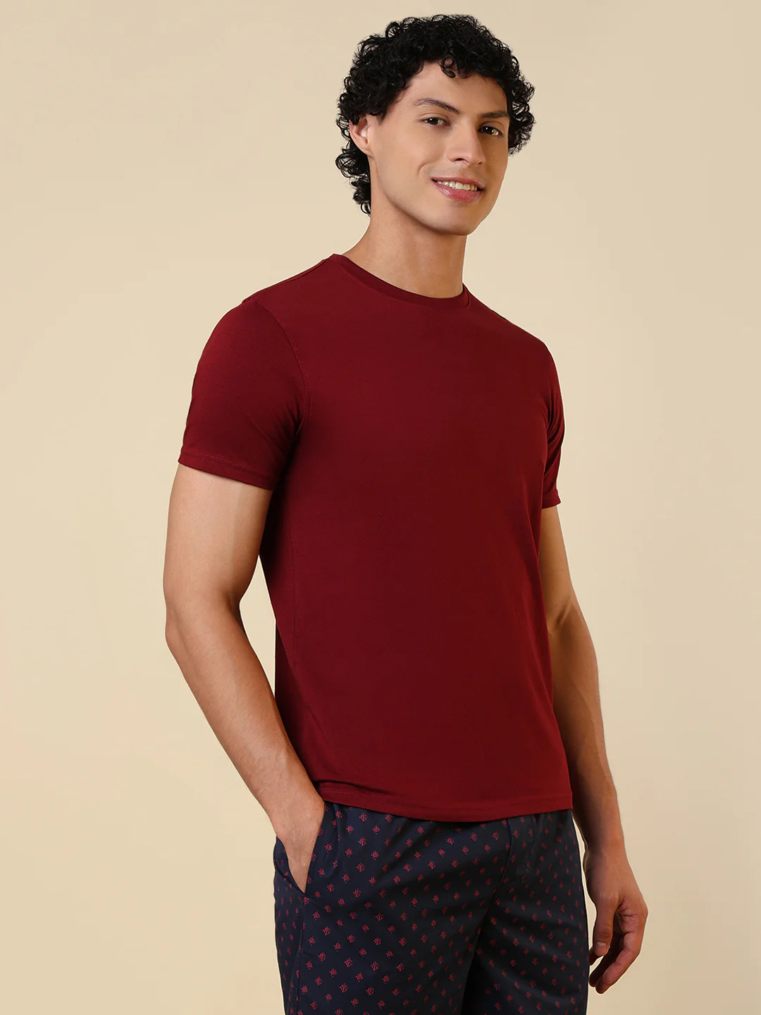 Sleepz Men Maroon Solid Regular Fit Cotton T-Shirt - Image 3
