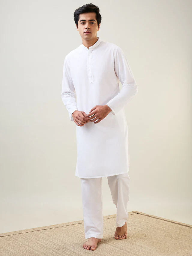 Sleepz Men White Solid Comfort Fit Cotton Kurta Set