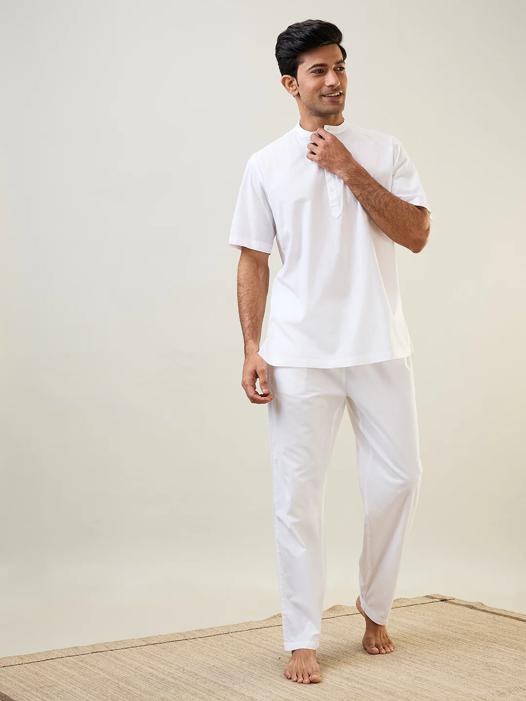 Sleepz Men White Solid Comfort Fit Cotton Kurta Set