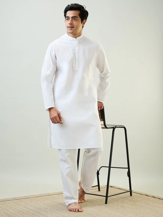 Sleepz Men White Comfort Fit Solid Kurta Set - Image 5